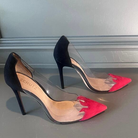 Schutz DEN Flame Pointy‑Toe Clear Pumps Red/Black Suede Sz 7.5 Brazil Edgy Vamp - Picture 2 of 8